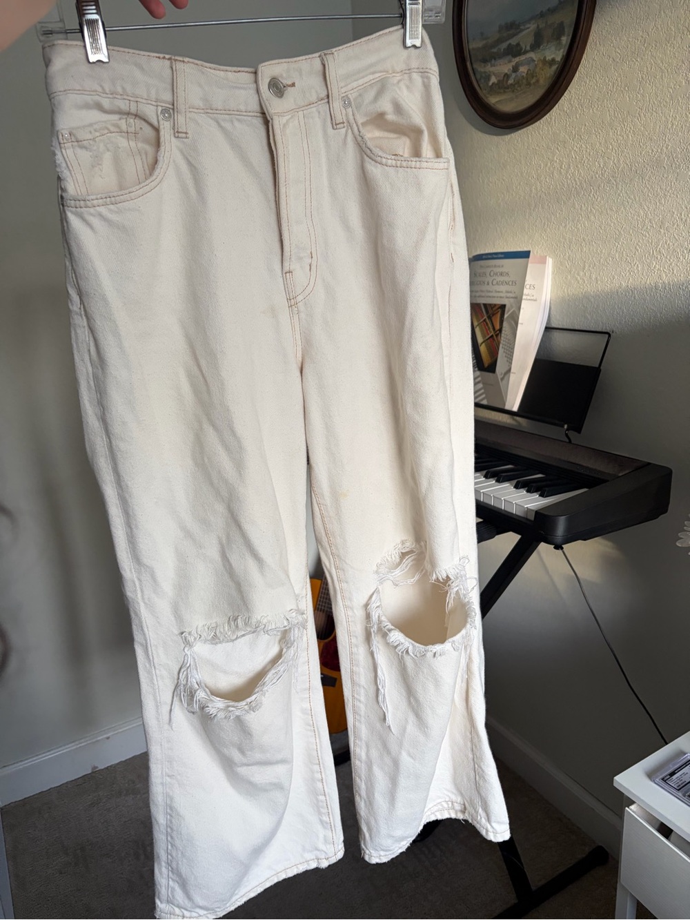 Cream Distressed Wide Leg Jeans